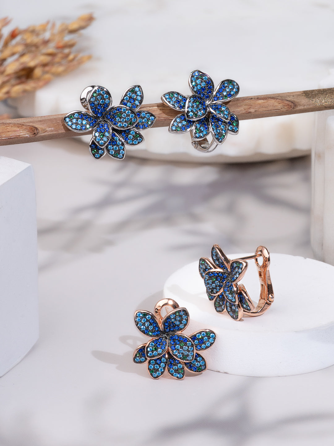 Blue Ombre Pave Flower Hoop Earrings