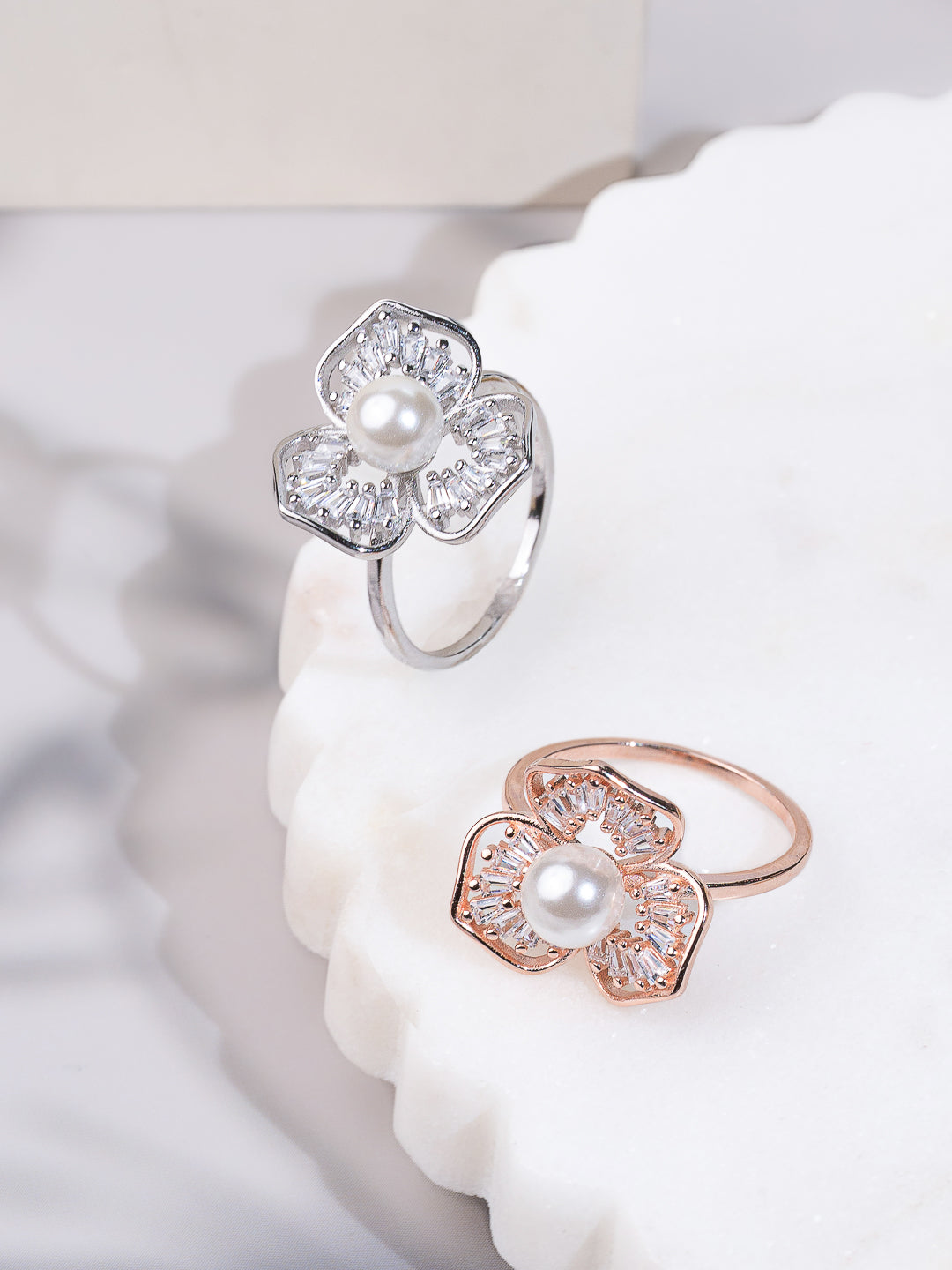 Luminous Pearl & Baguette-Cut Flower Ring