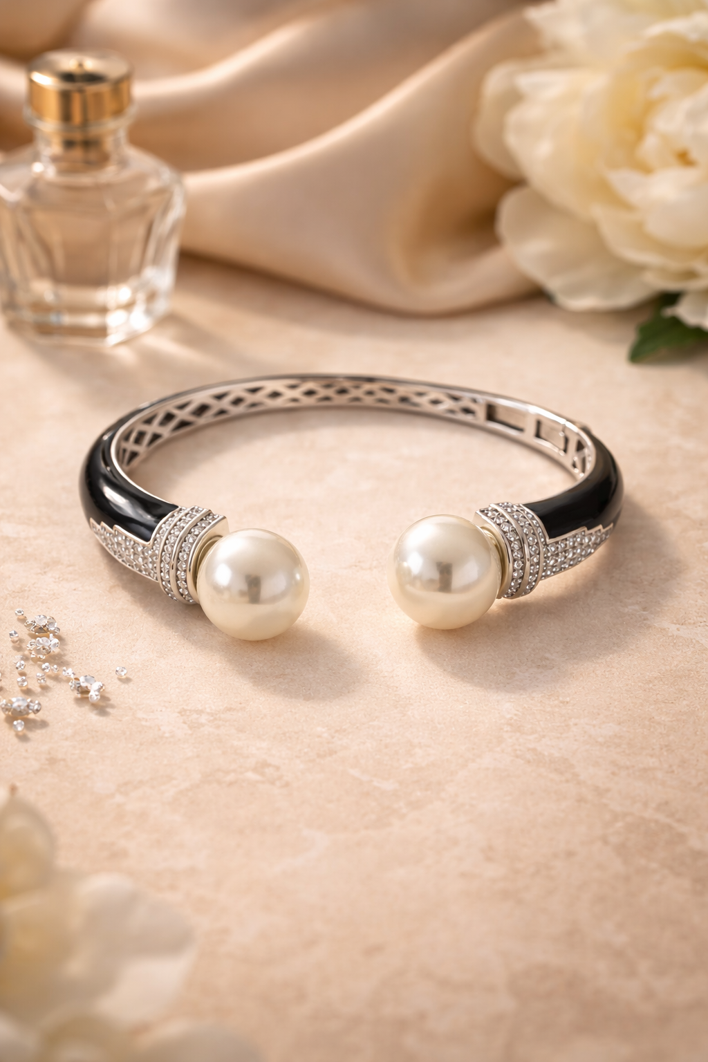 Pearl Open Cuff Silver Bracelet