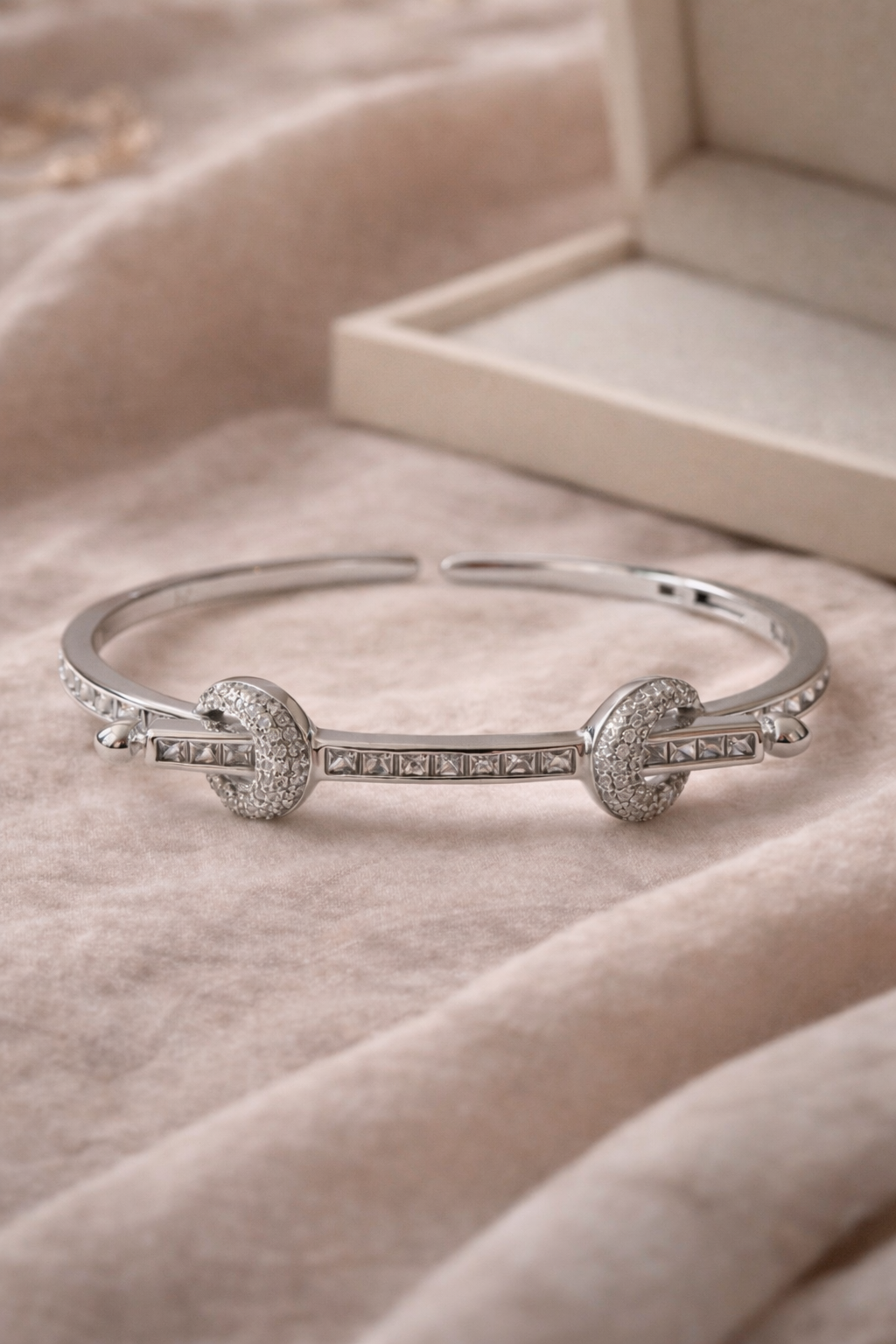 Dual Halo Crystal Silver Cuff Bracelet