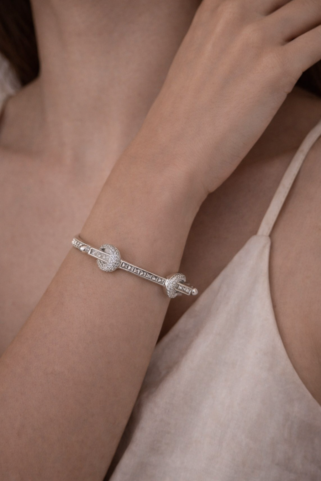 Dual Halo Crystal Silver Cuff Bracelet